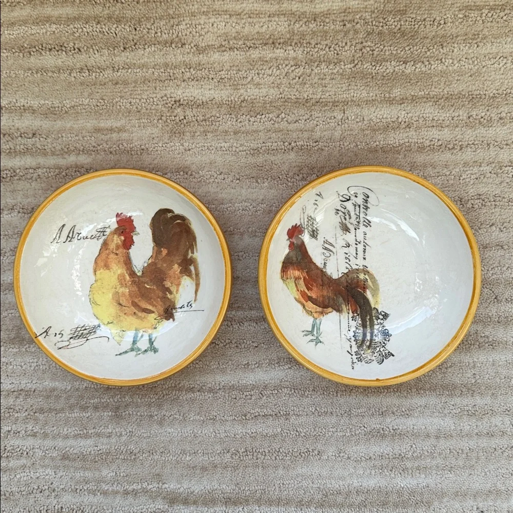 Set of 2 Williams Sonoma Rooster Script Individual Dipping Bowls Italy Farmhouse